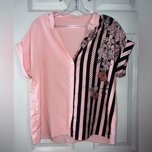 Striped and Floral Print Batwing Sleeve Button Front Blouse